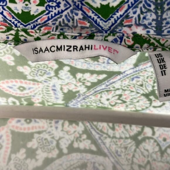 Isaac Mizrahi Live Open Cardigan Soft Green Medallion Pattern With Lavender Trim - Picture 8 of 10